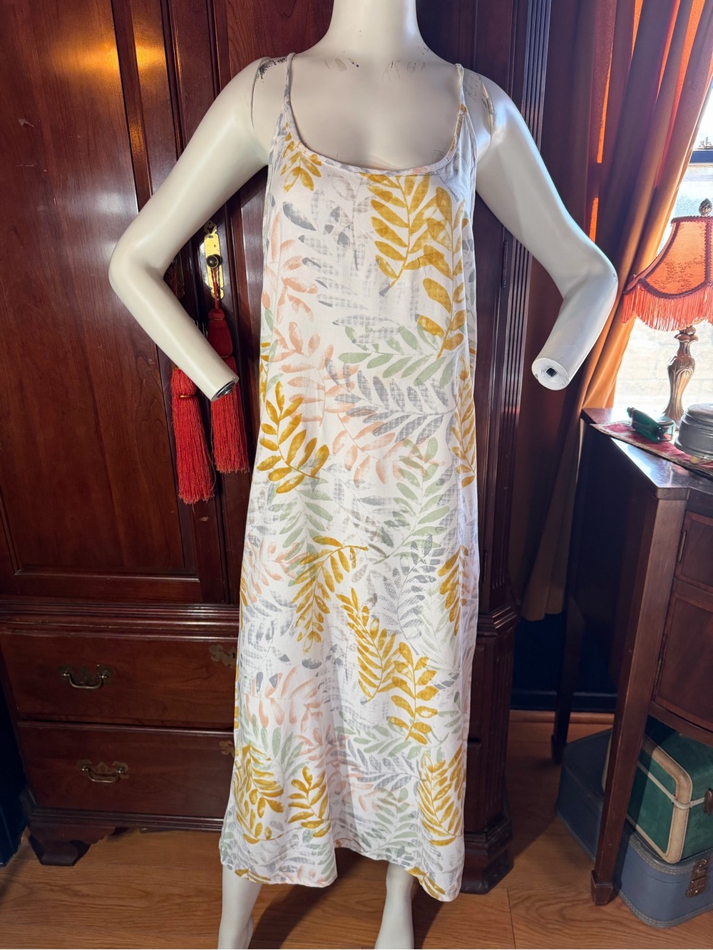 World Market White Leaf-Print Midi Dress